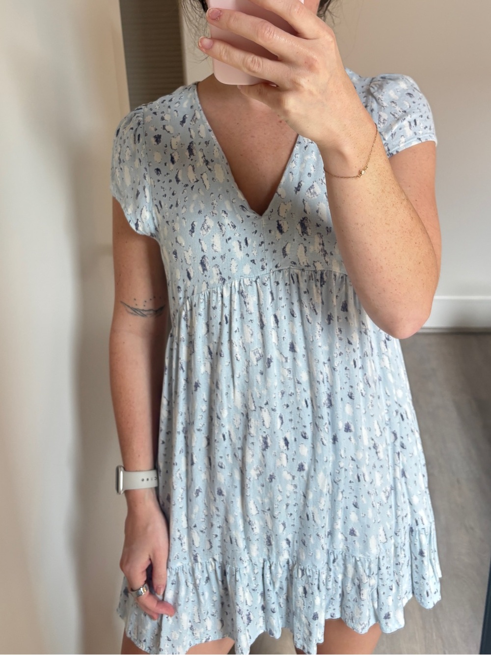Millibon Light Blue Mini Dress with Navy and Cream Speckle Print